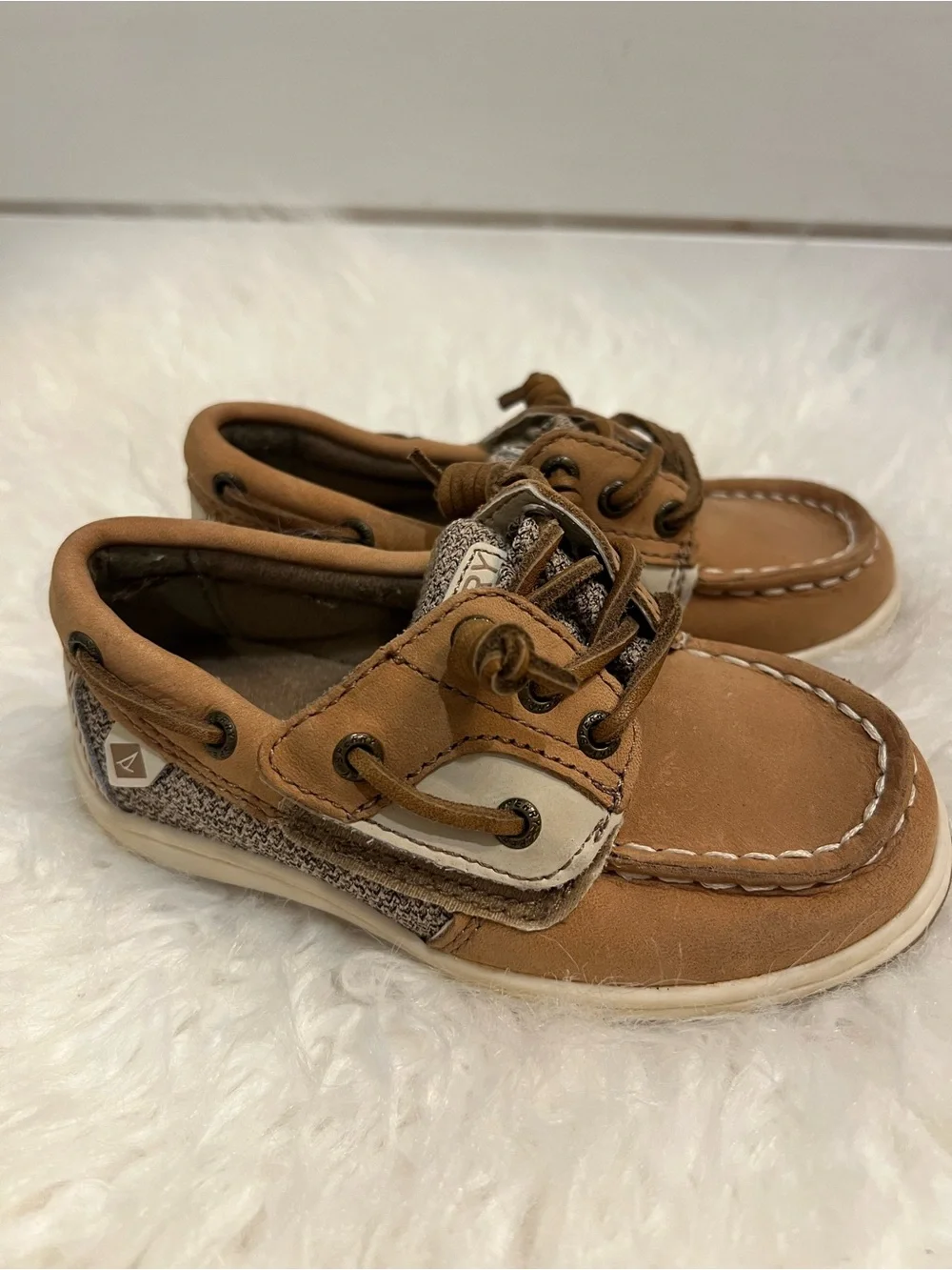 Sperry Boys Kids Toddler Tan Leather & Linen Songfish Boat Shoes Size 8.5 preppy